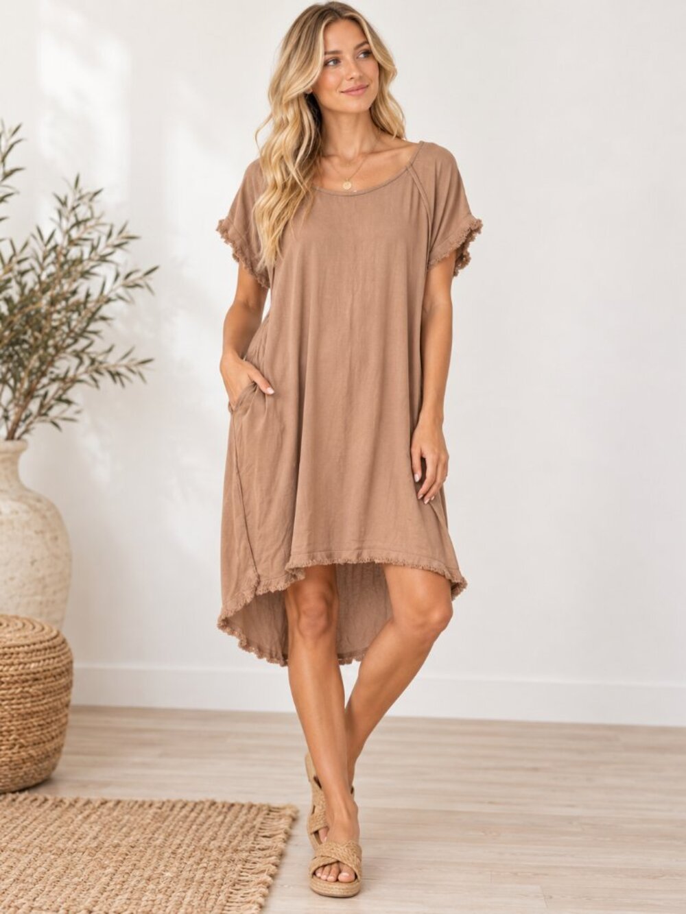 Umgee High-Low Fringe Trim Dress